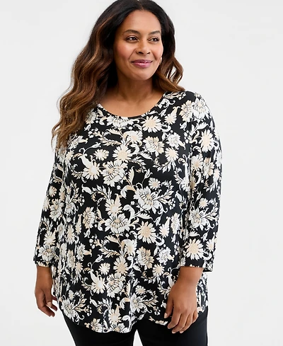 Jm Collection Plus Bold Floral Scroll 3/4-Sleeve Top, Macy's Exclusive