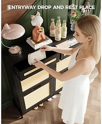 gaomon Freestanding Wooden Rattan Shoe Cabinet with 4 Flip Drawers and 2 Top Drawers