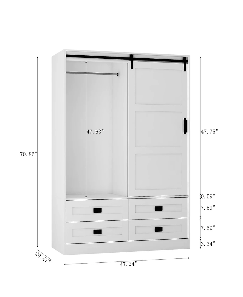 flynama Tall Bedroom Armoire Wardrobe Closet Clothing Storage Cabinet with Hanging Rod Barn Door Drawers and Open Shelves