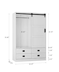 flynama Tall Bedroom Armoire Wardrobe Closet Clothing Storage Cabinet with Hanging Rod Barn Door Drawers and Open Shelves