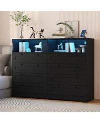 gaomon 8 Drawer Dresser with Charging Station & Led Lights, Large Modern Wood Chest of Drawers with Open Compartments for Bedrooms Living Rooms