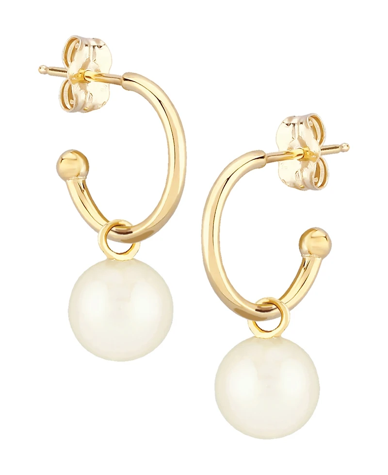 Pearl (6 mm) Drop Hoop Earrings Set 14k Yellow Gold
