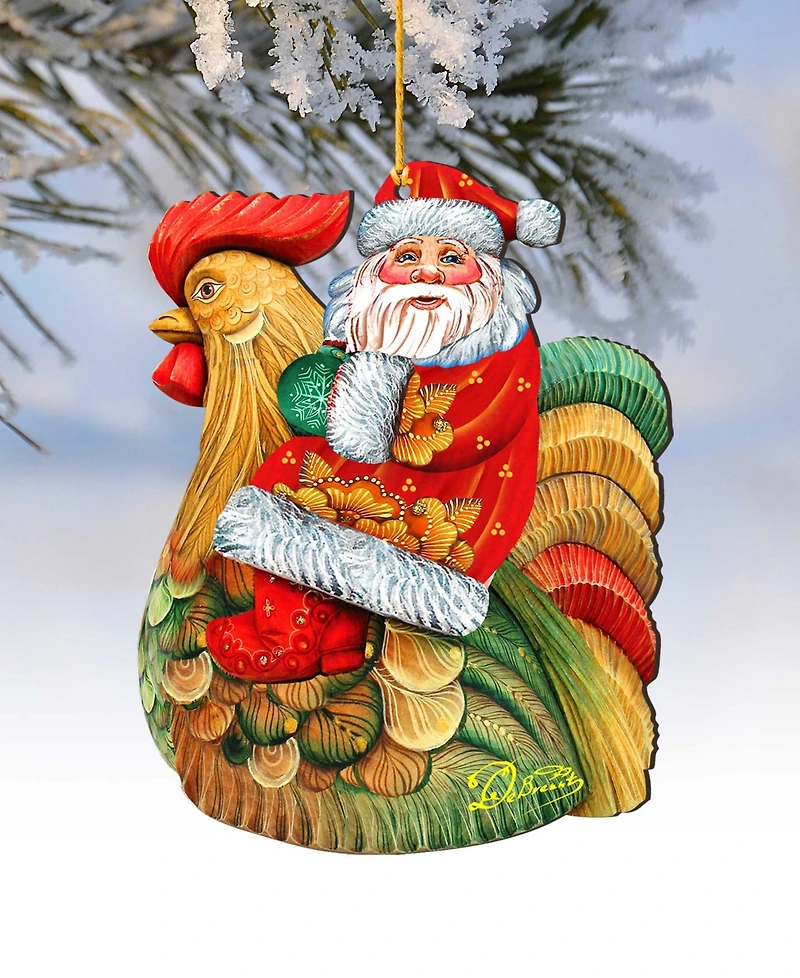 Designocracy Santa Rooster Wooden Christmas Ornament, Set of 2