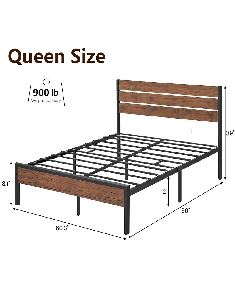 gaomon Full Metal Bed Frame with Rustic Headboard and Wood Slats, Heavy Duty Platform Bed Frame