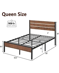 gaomon Full Metal Bed Frame with Rustic Headboard and Wood Slats, Heavy Duty Platform Bed Frame