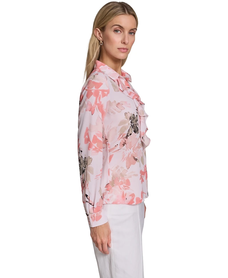 Calvin Klein Petite Floral-Print Long-Sleeve Blouse
