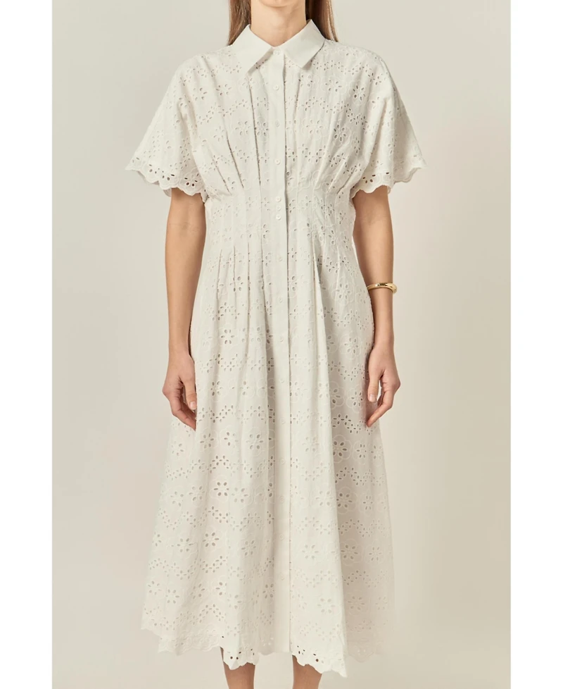 English Factory Women's Cinched Waist eyelet Midi Dress