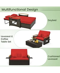 Gymax Patio Rattan Daybed Set w/ Cushioned Loveseat and Storage Ottoman