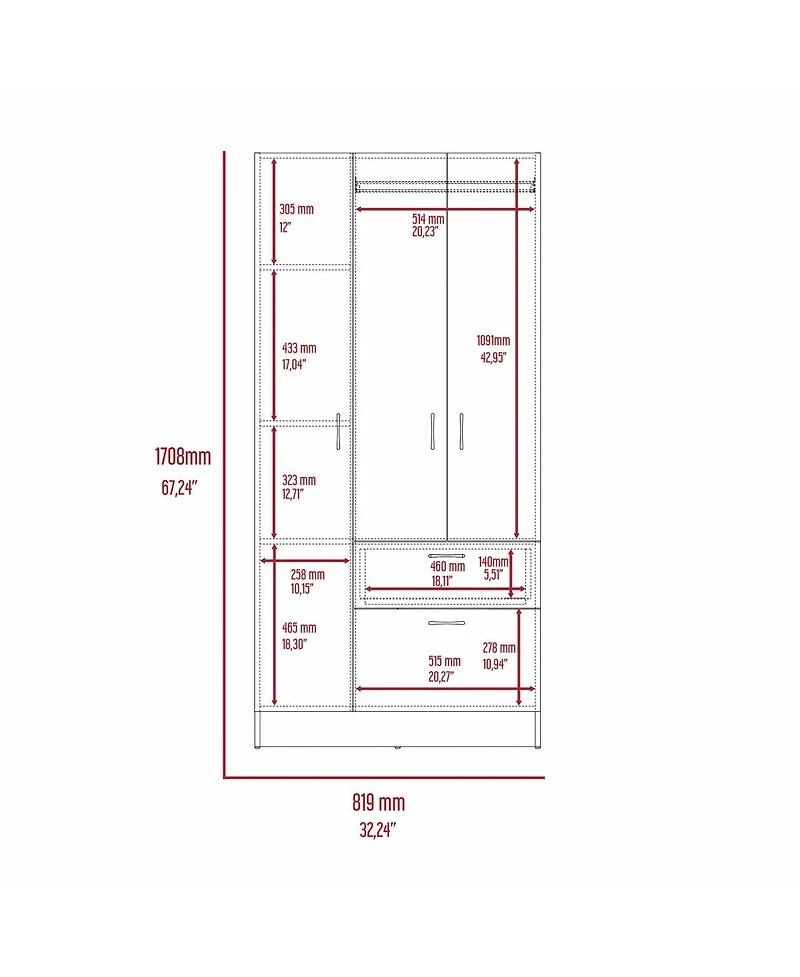 flynama Meredith 1Drawer Rectangle Armoire Wenge and White with Hanging Rod 7 Shelves and PullDown Door Cabinet