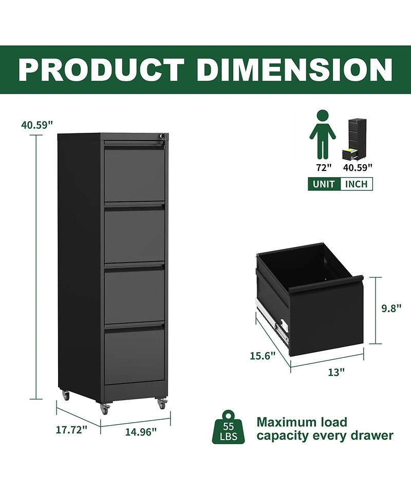 Rainsken 4 Drawer Locking Vertical File Cabinet on Wheels