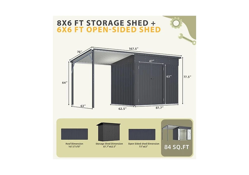 Aecojoy Outdoor Open-Sided Storage Shed with Attached Hardtop Metal Pergola