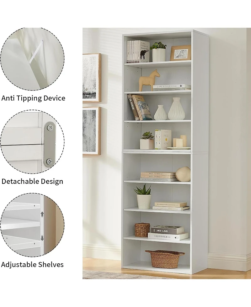Rainsken Wood Bookshelf, 8-Layer Storage Display Rack with Adjustable Shelf for Home Office