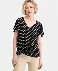 Jm Collection Womens Printed Short Sleeve V Neck Twist Front Top Macys Exclusive