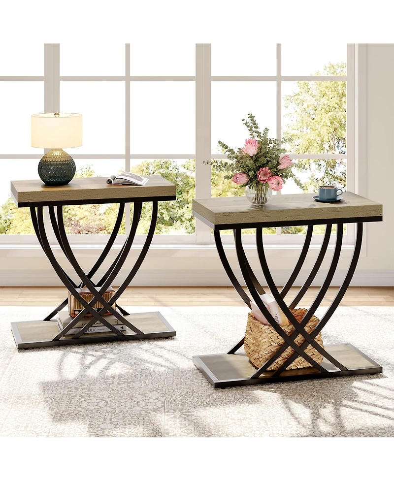 Tribesigns Side Table Set of 2, 2-Tier Narrow End Table for Living Room, Industrial Nightstand with Metal Frame, Small Bedside Tables