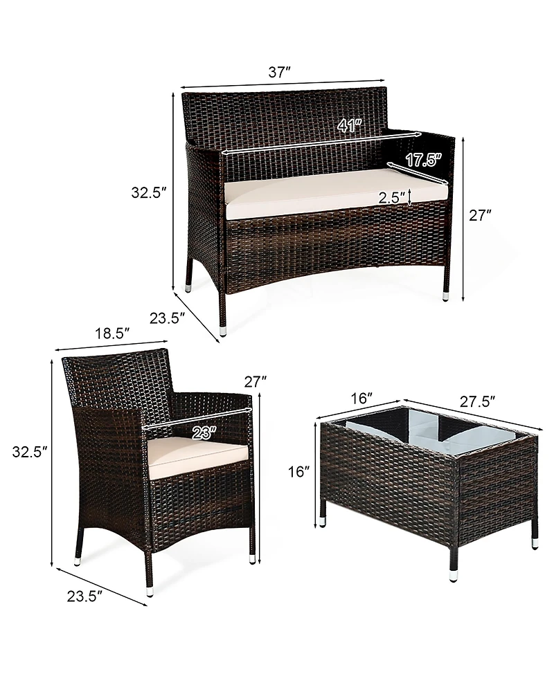 Gymax 4PCS Patio Rattan Conversation Furniture Set Outdoor w/ Cushion