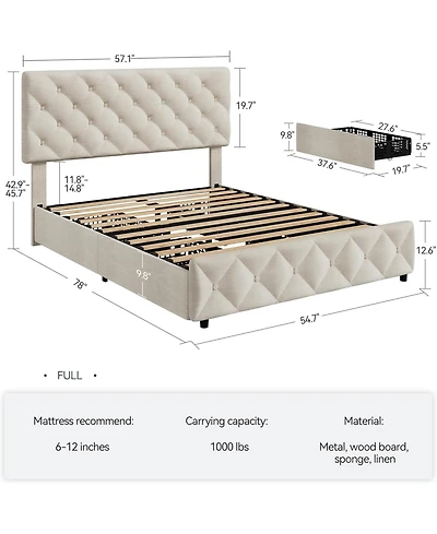 gaomon Full Bed Frame with 4 Drawers Linen Upholstered Platform Tufted No Box Spring Needed Off