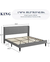 King Bed Frame Wingback Headboard Vertical Stripe Velvet 2 Storage Pockets Wood Slats Easy Assembly Light Grey