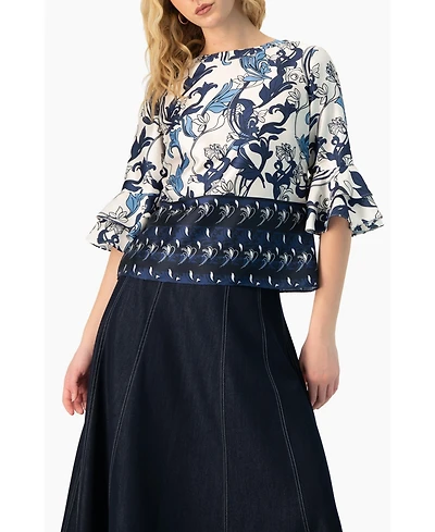 Ivonne Women's Floral Blouse with Sleeve Ruffles