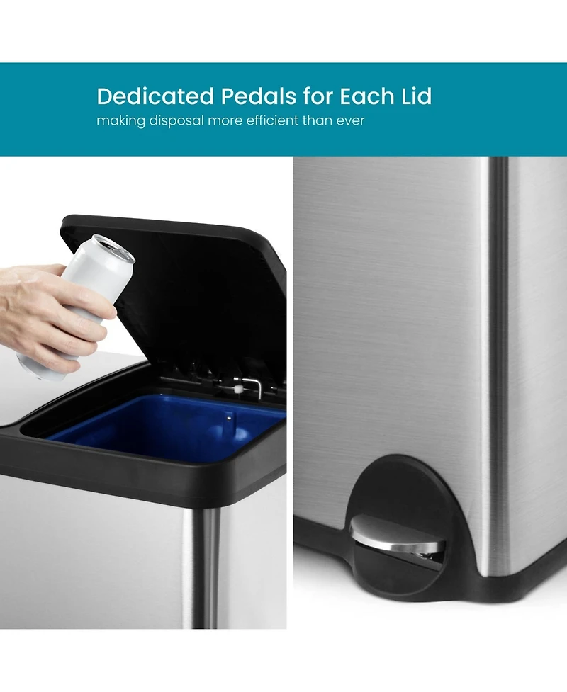 Home Zone Living 16 Gallon Dual Trash and Recycling Can with Removable Liners and Soft Close Lids, Stainless Steel