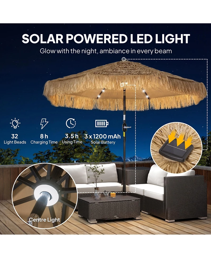 Outsunny 9 ft Tiki Outdoor Patio Umbrella with Solar Light, Tilt