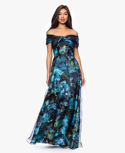 Betsy & Adam Petite Printed Off-The-Shoulder Ball Gown