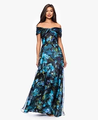 Betsy & Adam Petite Printed Off-The-Shoulder Ball Gown
