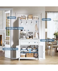 gaomon Pantry Cabinet with 4 Hooks, Kitchen Storage Cabinet with Charging Station, Coffee Bar Table for Living Room, Dining Room, 1 Large Drawer