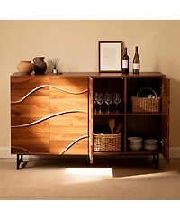 Clihome 59" Modern Solid Wood Sideboard with Wave Relief & Iron Legs