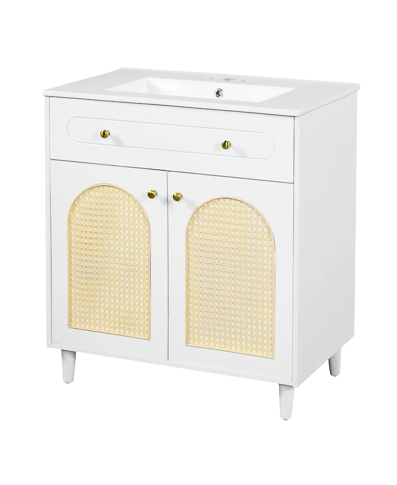 Sillysis 30 Inch Freestanding Bathroom Vanity with Sink, Solid Wood & Mdf Cabinet, Tip Drawer & Adjustable Shelf for Modern Storage