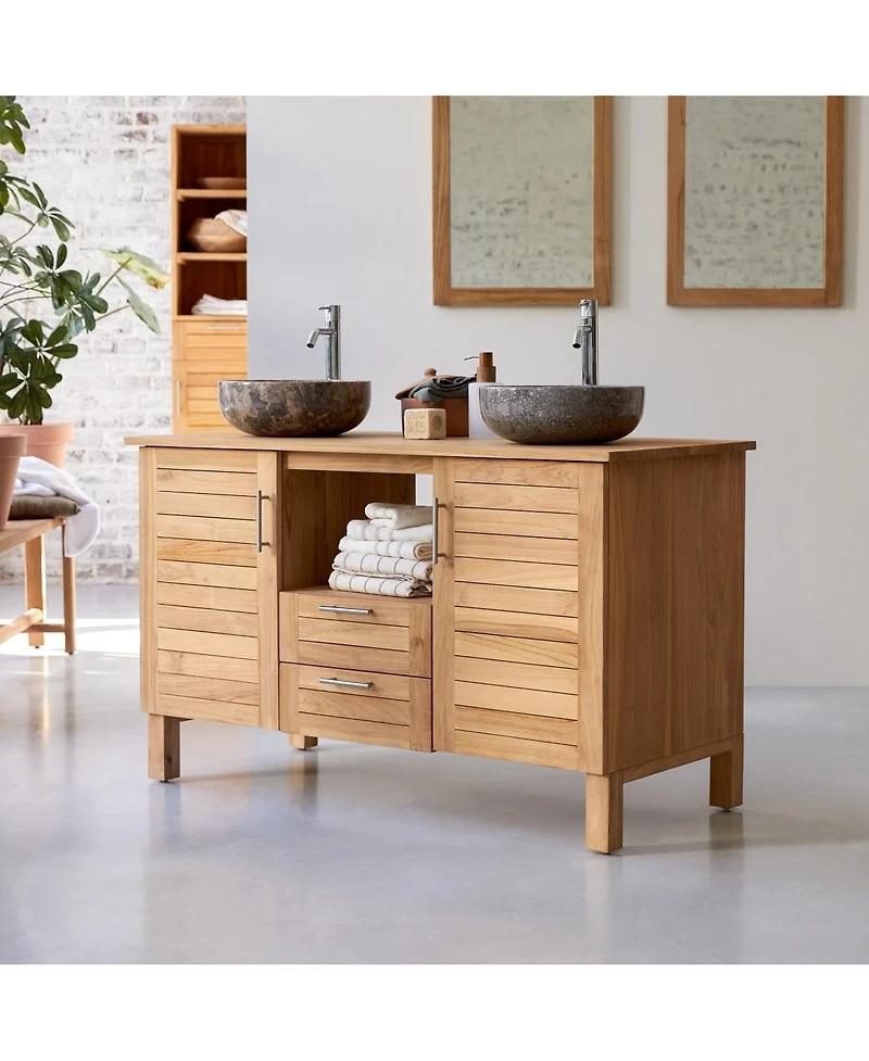 Tikamoon Solid Teak Wood Vanity Cabinet Wash Stand Adjustable Drawers Bathroom Furniture