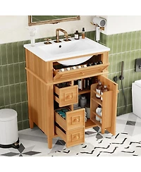 Sillysis 24" Freestanding Bathroom Vanity with Ceramic Sink, Solid Wood & Mdf, Soft-Close Drawers, Flip-Out Storage for Modern Bathrooms