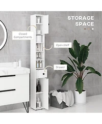 Rainsken Tall Slim Bathroom Storage Cabinet, 71" Freestanding Corner Cabinet with Four Open Shelves, Two 2-Tier Cabinets and 1 Drawer for Small S