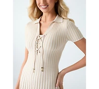Guess Women's Short-Sleeve Polo Lace-Up Regina Sweater Dress