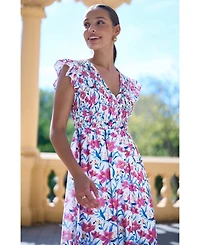 Yumi Women's Viscose Floral Ruched Waist Midi Dress