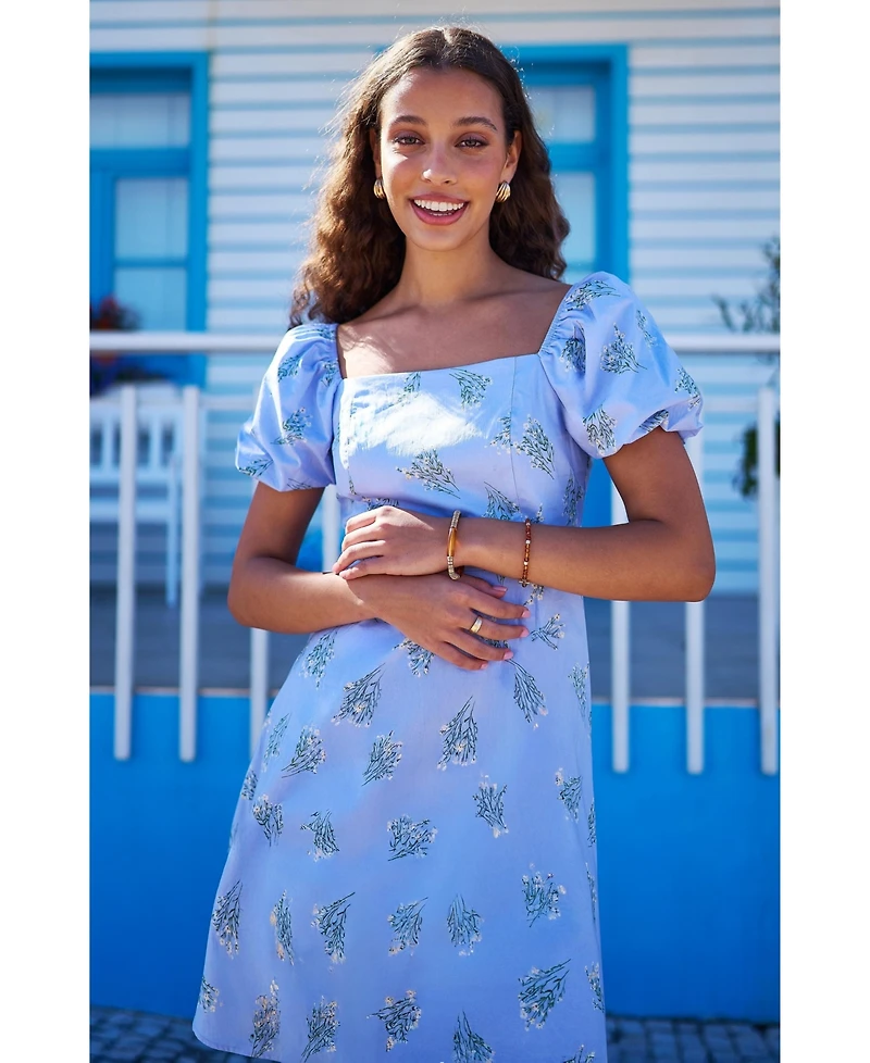 Yumi Women's Cotton Floral Puff Sleeve Skater Dress