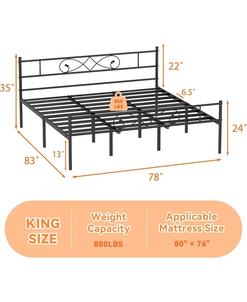 gaomon King Metal Platform Bed Frame with Unique Design Headboard and Under-Bed Storage