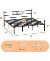 gaomon King Metal Platform Bed Frame with Unique Design Headboard and Under-Bed Storage
