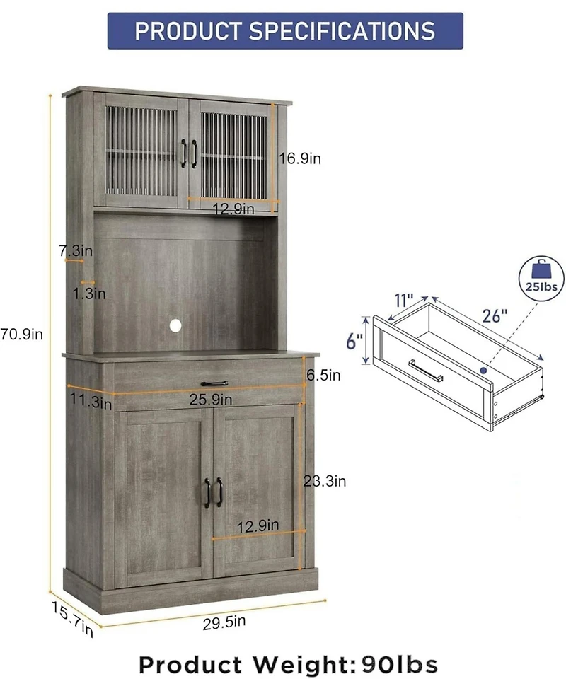 gaomon Kitchen Pantry Cabinet with Microwave Stand & Coffee Bar,Wooden Freestanding Hutch Cabinet with Adjustable Shelves and 4 Doors