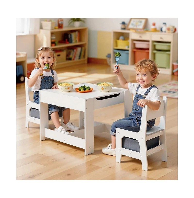 Slickblue Wooden Kids Table and 2 Chairs Set with Storage Space
