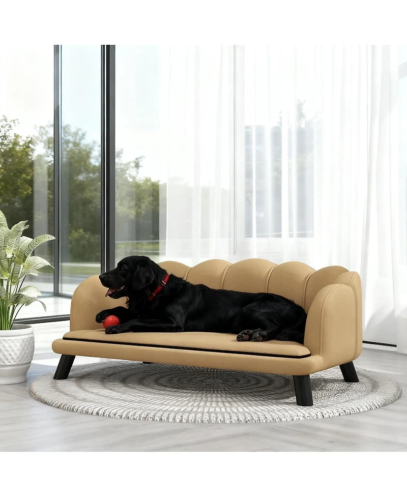 6thdruple Coffee Velvet Pet Sofa with Pearl Backrest, Stylish Large Dog Couch, Removable Cushion for Medium Large Dogs
