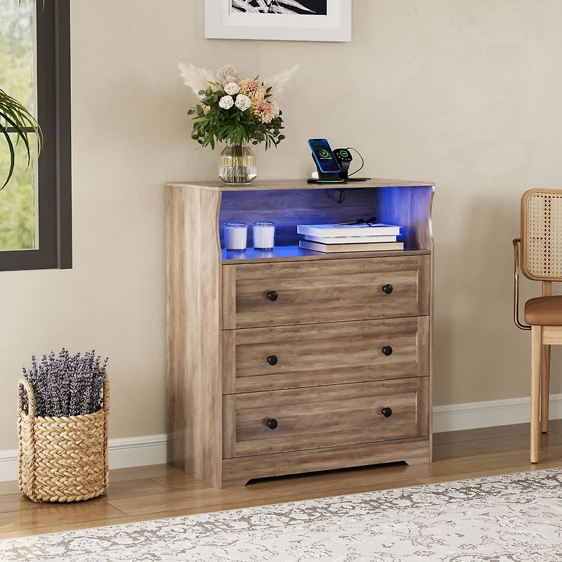 gaomon 3-Drawer Wooden Dresser with Led Lights & Charging Station, Storage Chest for Living Room & Closet.