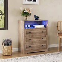 gaomon 3-Drawer Wooden Dresser with Led Lights & Charging Station, Storage Chest for Living Room & Closet.