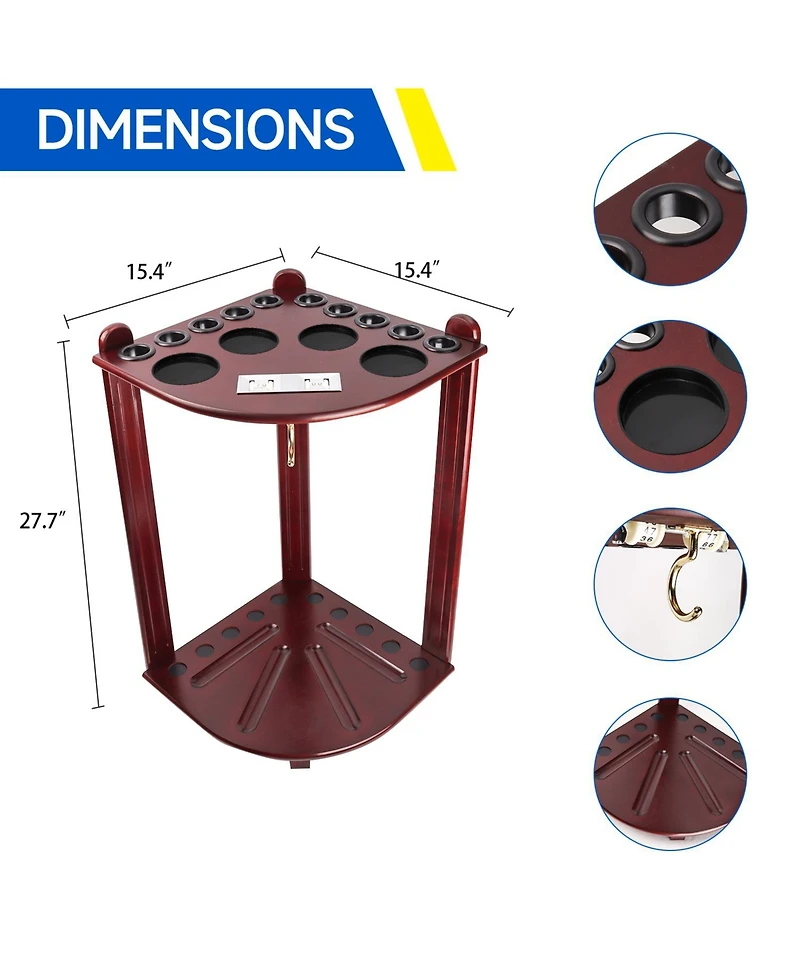 Gse Games & Sports Expert Wood 10 Corner Style Pool Cue Rack with Score Counter, Metal Hook, and Drink Holders
