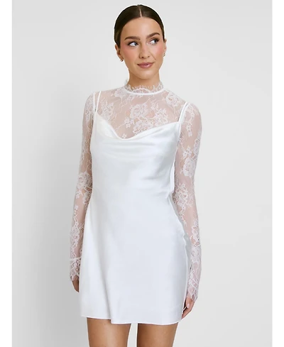 Six Stories Women's Lace Sleeve Cowl Satin Mini Dress