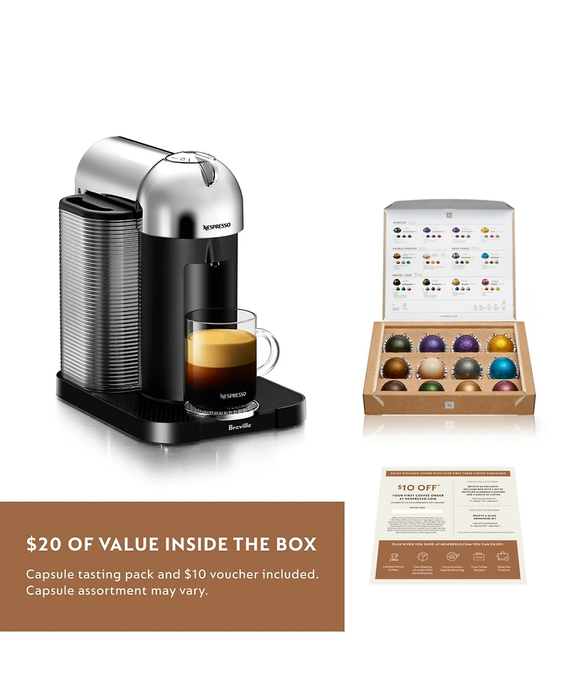 Nespresso Vertuo Coffee and Espresso Machine by Breville, Chrome with Aeroccino Milk Frother