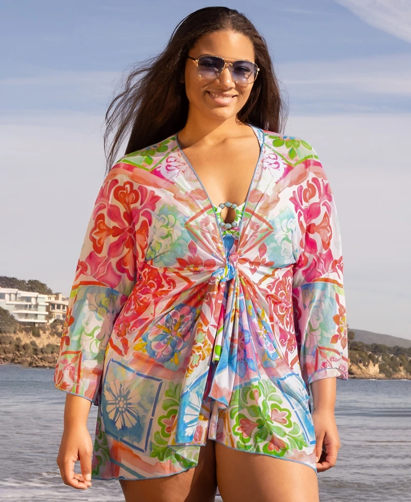 Becca Etc Plus Mijas Tie Front Stretch Mesh V-Neck Cover-Up Tunic