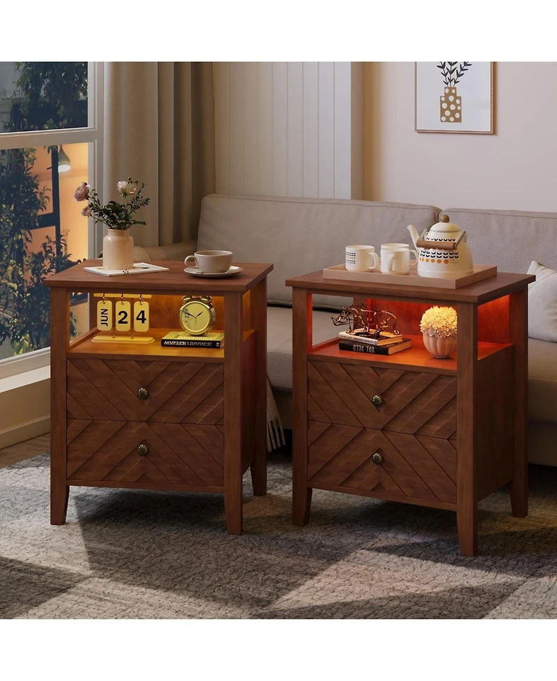 gaomon Led Night Stand with 2 Storage Drawers and Stable Wooden Legs, Farmhouse Nightstand w/V-Shaped Design & Open Storage Shelf