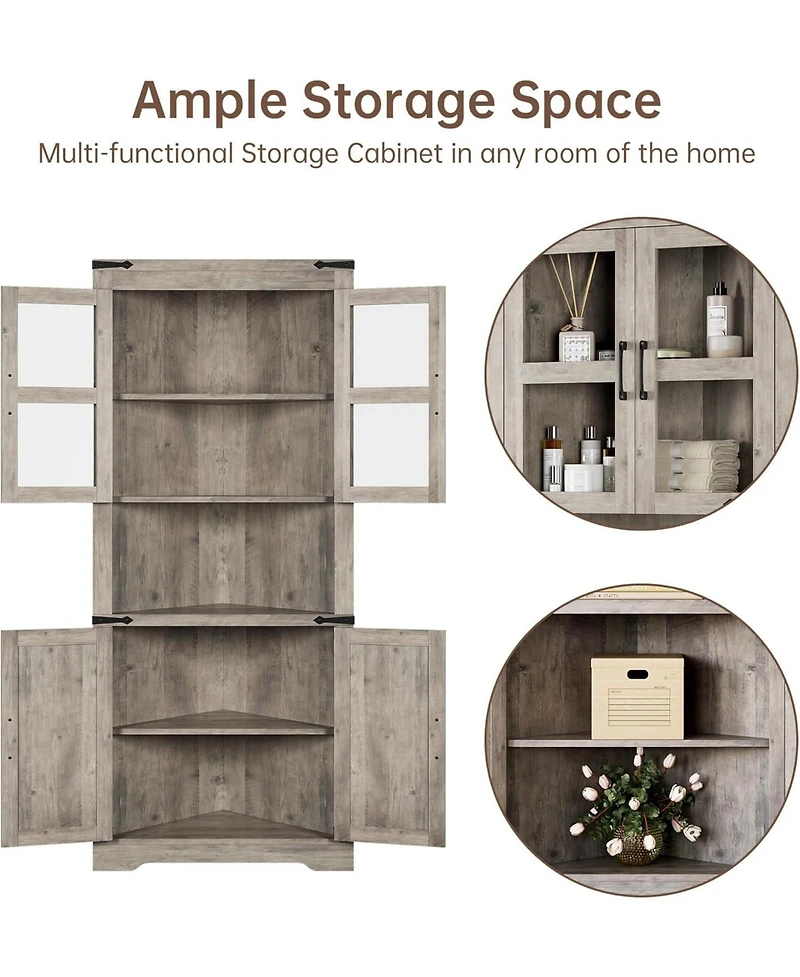 gaomon Rustic Farmhouse Tall Corner Cabinet Storage Cabinet with Glass Doors and Adjustable Shelves, Corner Display Cabinet for Kitchen