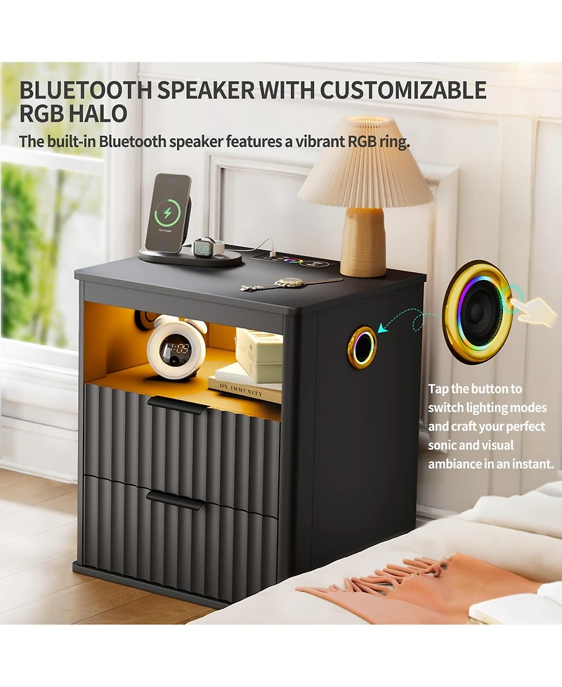Vlrska 19.7-inch Wide Nightstand with Motion Sensor Function, Led Lights, and Wireless Charging Station