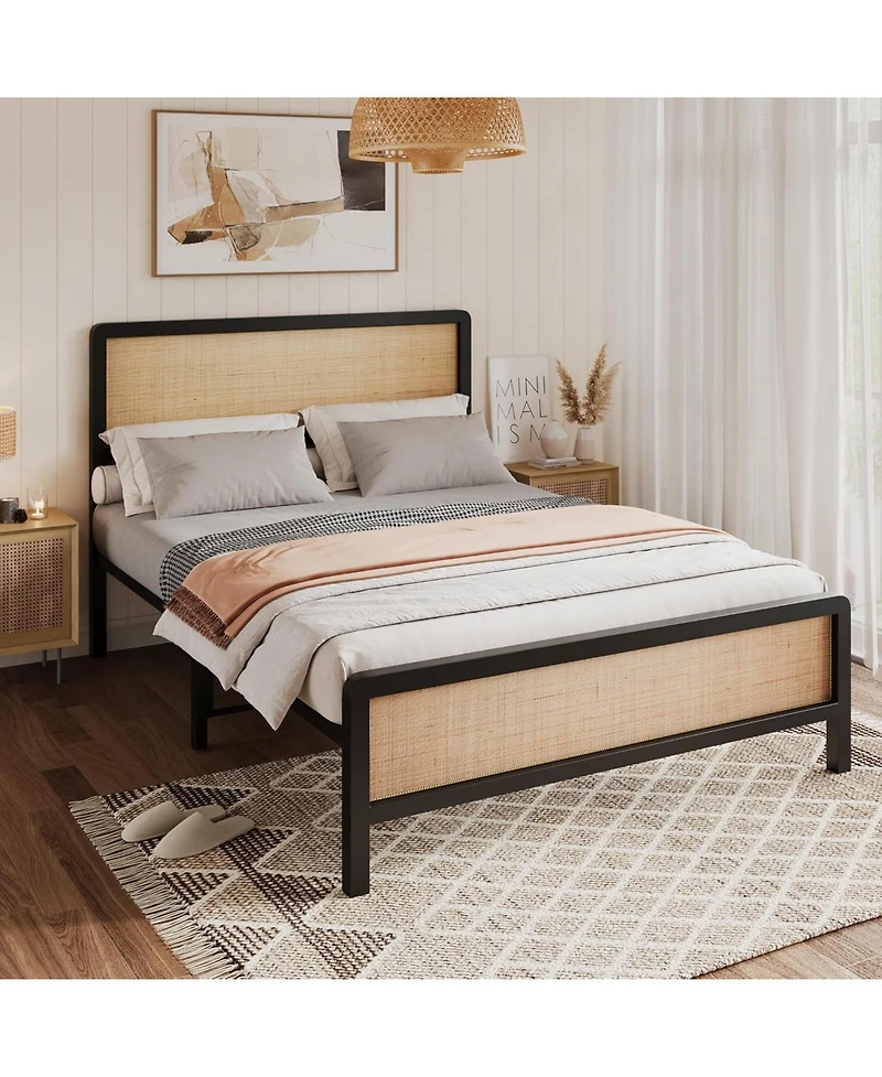 Gaomon Boho Rattan Full Size Bed Frame with Headboard & Footboard, Sturdy metal Platform Bed, Rattan Headboard, Under-Bed Storage, No Box